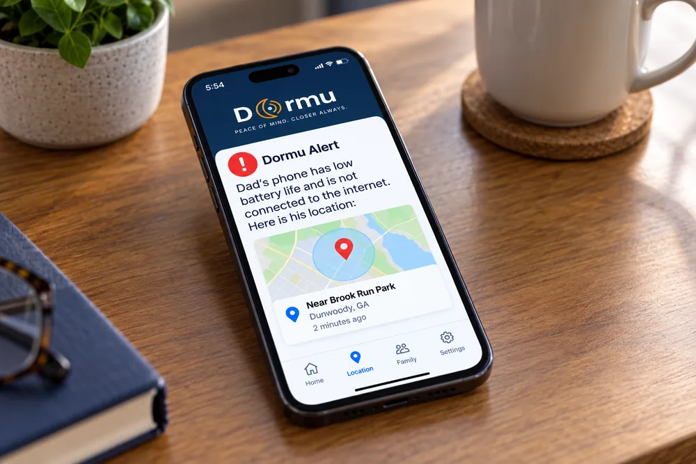 A phone showing a Dormu alert about a parent's low battery and lost connection