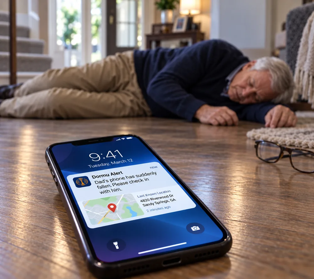 A phone on the floor showing a Dormu fall alert beside an older man who has fallen