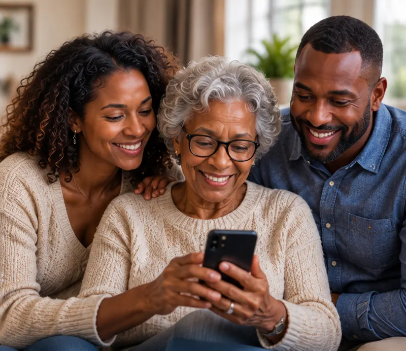 Three family members looking at a phone together