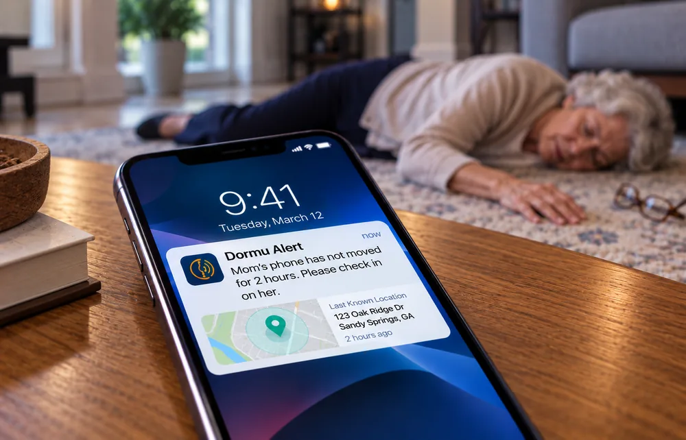 An older woman on the floor while her family gets a Dormu alert that her phone has not moved