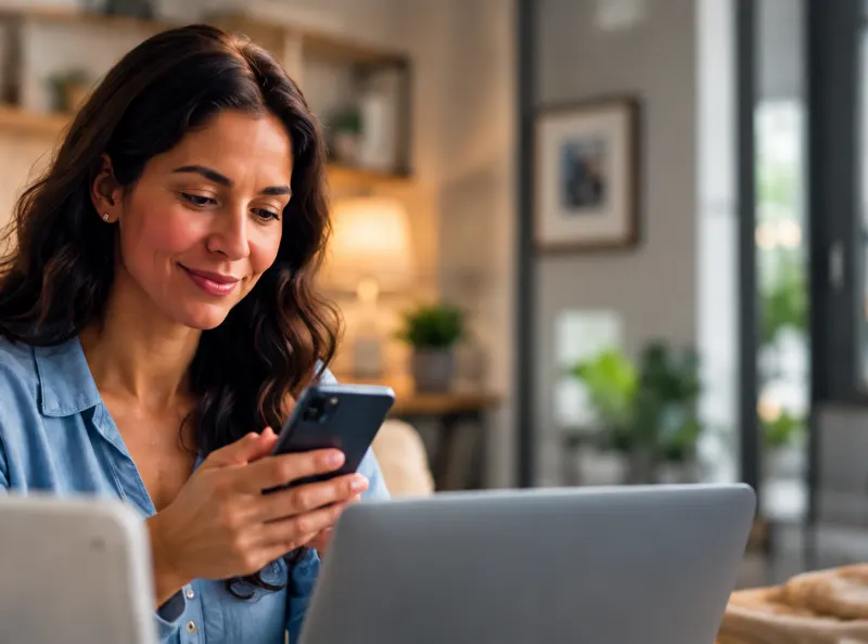 A woman checking Dormu on her phone beside a laptop